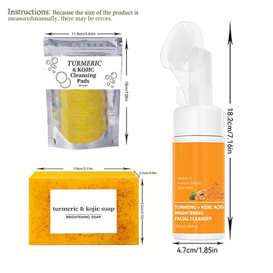 Turmeric Wash and Care Three Piece Set,Turmeric Facial Cleanser & Turmeric Soap Bar & Turmeric Face Scrub Pads,Face & Body Cleanser,Turmeric Cleansing Skincare Set, Deep Cleansing