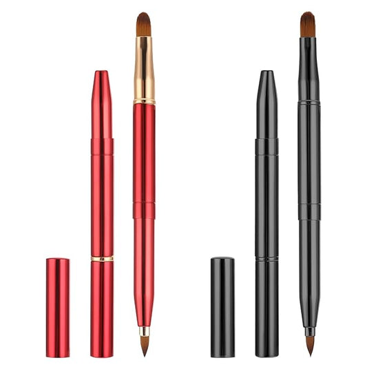 2 Pack Retractable Lip Brush for Lipstick with Cap, Double-Ended Lip Makeup Brushes Retractable Lip Gloss Lipstick Brush Applicator Travel Black Red