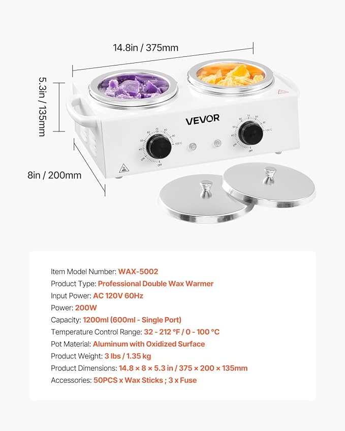 VEVOR Double Wax Warmer, 1200ML Professional Dual Wax Warmer for Hair Removal, 32 ℉ - 212℉ Adjustable Electric Waxing Heater Pot with 50PCS Waxing Sticks for Home Use, Beauty Salon, Spa