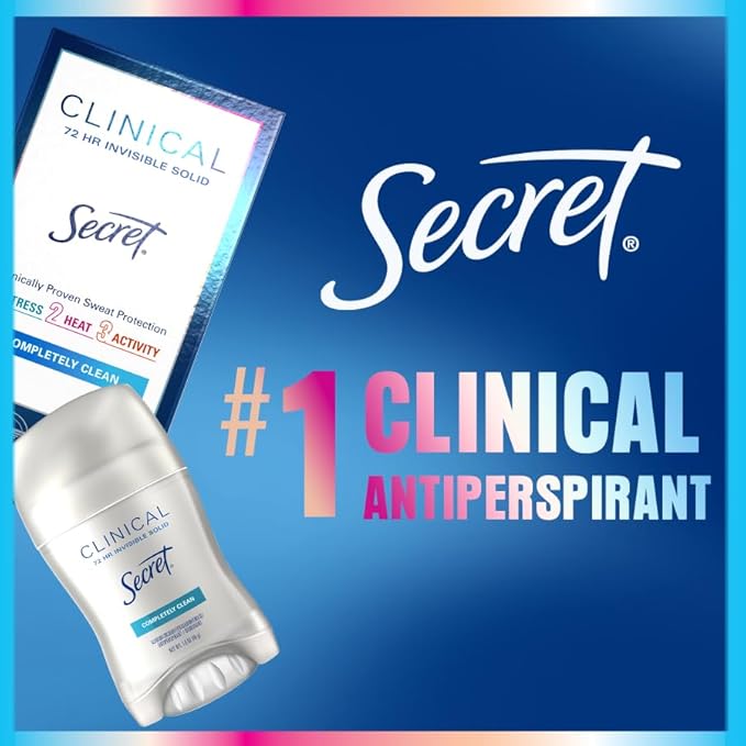 Secret Clinical Strength Antiperspirant Deodorant for Women, 3X Stress Protection, 72hr Sweat & Odor Protection, PH Balancing Minerals, Invisible Solid, Completely Clean Scent, 1.6 oz