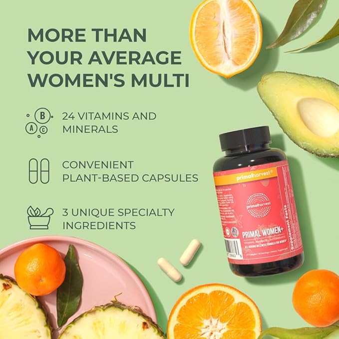 Primal Harvest Multivitamin for Women Vitamin A, Vitamin C, Vitamin D and E, Vitamin B12, B6, Biotin, Zinc Supplements, 60 Capsules (Womens 2 Pack)