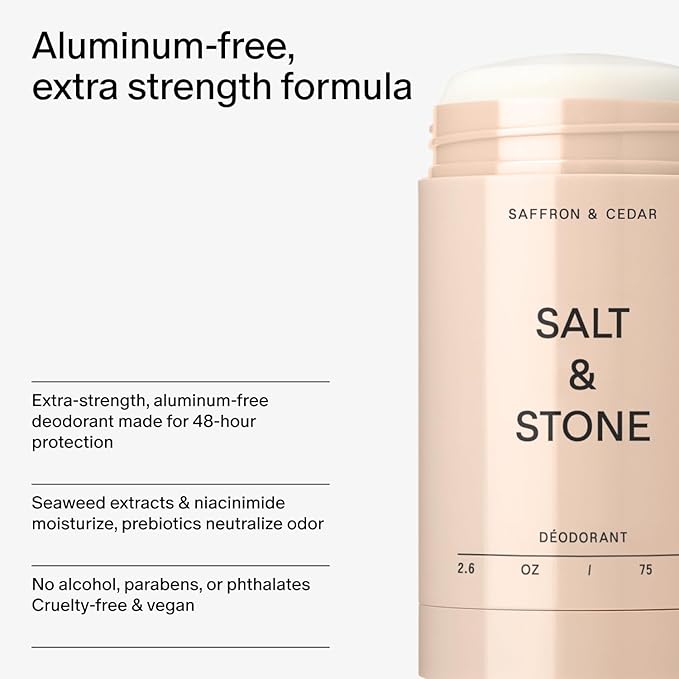 SALT & STONE Aluminum Free Deodorant | Extra Strength 48 Hour Protection for Women & Men | Made with Seaweed Extracts, Niacinamide & Prebiotics (Saffron & Cedar)