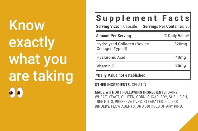 3 Pack Collagen Pills Type 2 for Joint and Cartilage Support - Grass Fed Beef Collagen Hydrolyzed Type 2 Capsules with Vitamin C and Hyaluronic Acid