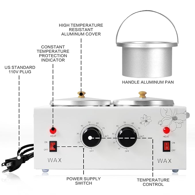 1.2L Double Portable Wax Warmer Machine for Painless Hair Removal, Women Men Professional Wax Heater with Adjustable Temperature Set, 40pcs Sticks