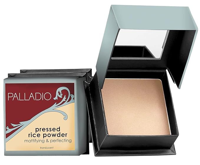 Palladio, Pressed Rice Powder with Mirror Mattifying Makeup Setting that Lasts All Day Instantly Absorbs Oil Works alone or with makeup, Translucent, 0.26 Ounce