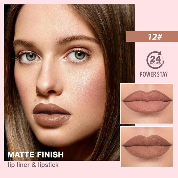 2 in 1 Matte Lipstick Lip Liner Pencil Set,Brown Waterproof Lip Stick Lip liner Combo for Old Women Long Lasting Lipstick Crayon,labiales mate 24 horas originales