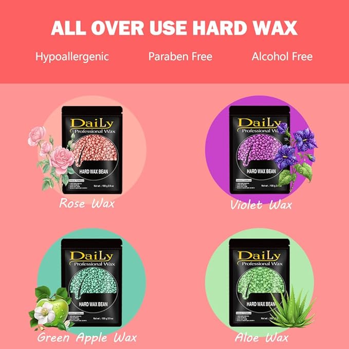 Wax Warmer Kit for Hair Removal - Hard Wax Kit for Sensitive Skin with Silicone Liner, 4 Bags Wax Beans - For Women Men, Face, Bikini, Brazilian, Body, Legs, Home Salon. (PINK)