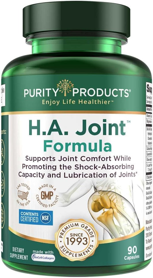 Purity Products HA Joint Formula Hyaluronic Acid + Key CoFactors - Joints + Skin Multi Collagen (Type I, II & III) - 5-Loxin - Olive Fruit Extract - Joint Flexibility + Mobility - 90 Caps
