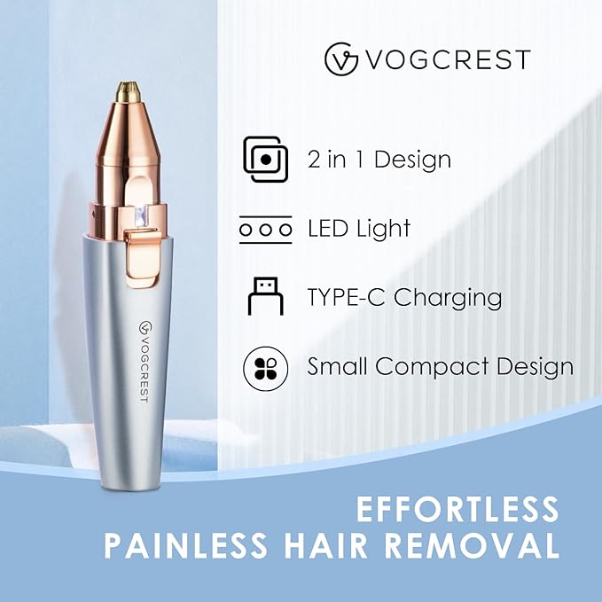 VG VOGCREST Eyebrow & Facial Trimmer: 2 in1 Rechargeable Facial Hair & Eyebrow Shaver - Painless LED Light (Sky Blue)