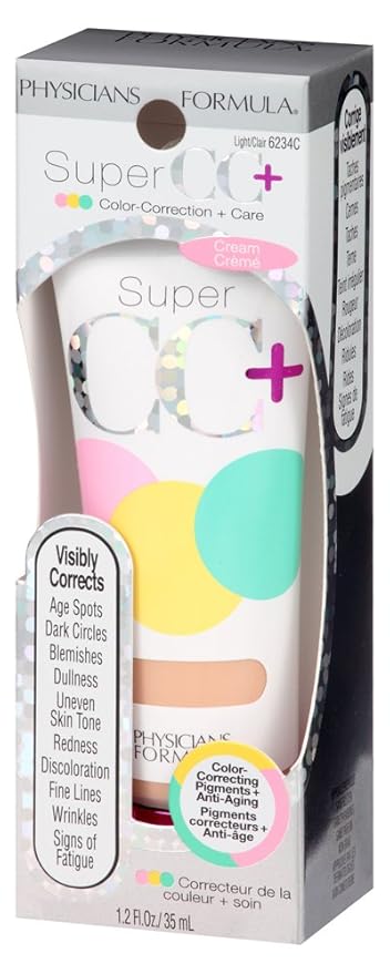 Physicians Formula Super CC+ Cream Color-Correction + Care Cream Full Coverage Foundation, Anti Aging Hydrating Serum, For Uneven Skin Tone, Dermatologist Approved, Light