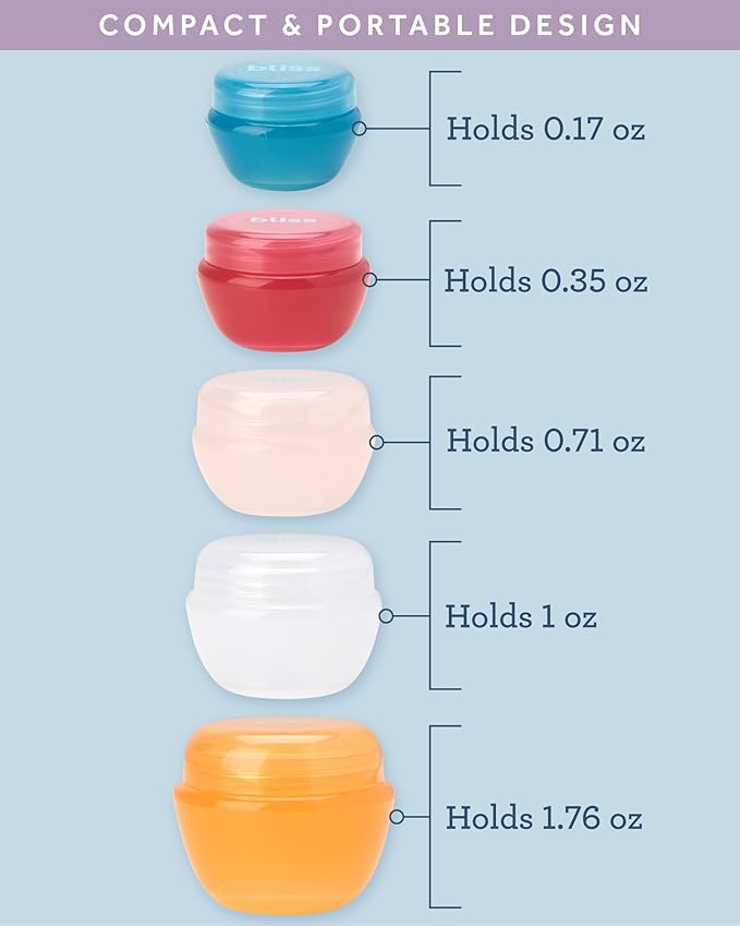 Bliss Travel Containers - 5 Pack Leak Proof Tapered Jar Set with Lid and Spatula - Small Travel Containers for Creams, Lotions, Vitamins, and Small Jewelry, Amalfi Vibes