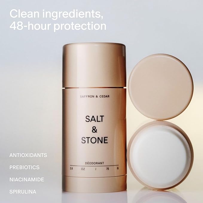 Salt & Stone Signature Scent Duo Set | 48 Hour Aluminum-Free Deodorant & Hydrating Body Mist | Skincare-Infused Deodorant & Body Spray | Saffron & Cedar