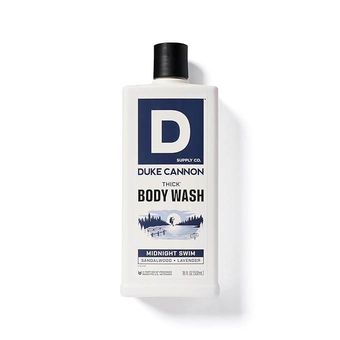 Duke Cannon Supply Co. Thick High Viscosity Body Wash - 3X Thicker, Cleansing Shower and Bath Gel, Mineral-Enriched Body Wash for Men - Sandalwood + Lavender - Mens Body Scrub - Midnight Swim (18 oz)