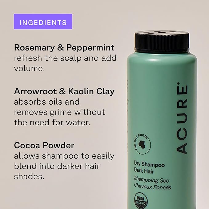 Acure Dry Shampoo - Mini Powder Dry Shampoo for Women with Brunette & Dark Hair, Care to Refresh Treated Color Tinted Hair with Rosemary & Cocoa, Non Aerosol, 100% Vegan - 1.7 oz Travel Size (2 Pack)