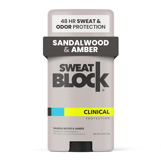 SweatBlock Clinical Strength Deodorant Antiperspirant for Men and Women Sandalwood & Amber Scent 48 Hour Protection Against Sweat and Odor Designed for High Heat and Stress Long-Lasting Freshness