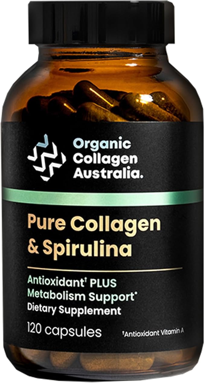 Organic Collagen Australia Pure Collagen & Spirulina Capsules – Antioxidant-Rich Supplement for Skin Elasticity, Joint Health, Metabolism Support & Energy (120 Capsules)