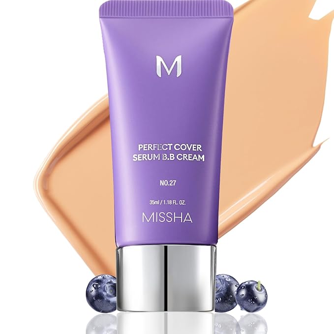 MISSHA M PERFECT COVER SERUM BB CREAM No.27 Honey Beige- Medium with Cool/Neutral Undertone, BB Cream by Cardi B Pick, Skin Tint, Tinted Moisturizer, Skin Care Foundation Makeup, 1.18 Fl oz
