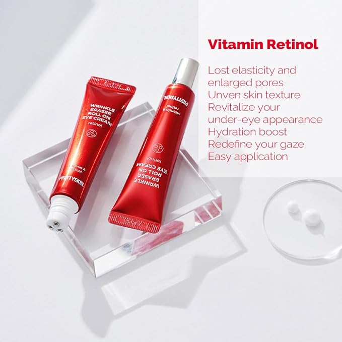 Roll On Eye Cream with Vitamin A and Stainless Steel ball Tip- Under Eye Roller Cream for Elasticity Wrinkles Puffiness Fine Lines-Korean eye cream 30ml/1.01fl.oz. (Retinol)