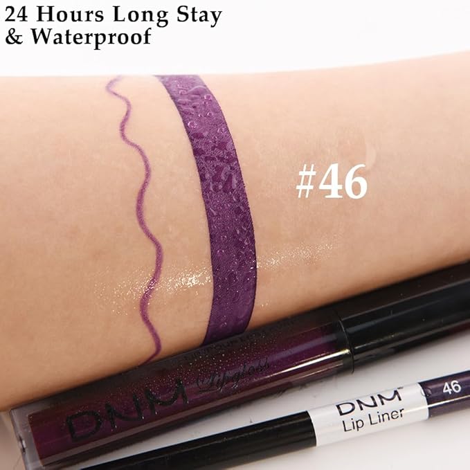 evpct 2Pcs Dark Deep Purple Matte Liquid Lipstick Lip Gloss Stain and Retractable Lip Liner Makeup Set for Women Long Lasting Waterproof 24 Hours Lipstick labial mate larga duracion 24 46#