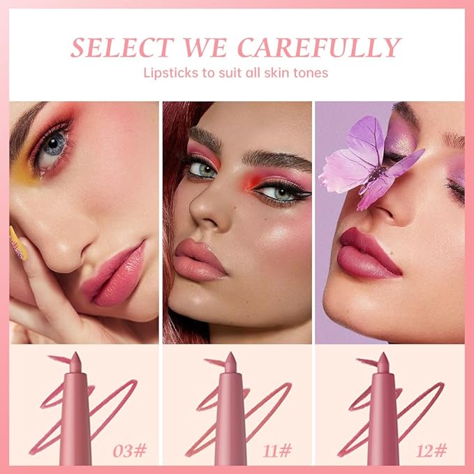 Matte Lip Liner Pencil Set 3 Pack, Long-Lasting Waterproof Lip Liners, Smudge-Proof and High Pigment Lip Liner Kit, Smooth Application for Defining & Shaping Lips, Non-Fading Matte Finish-2#