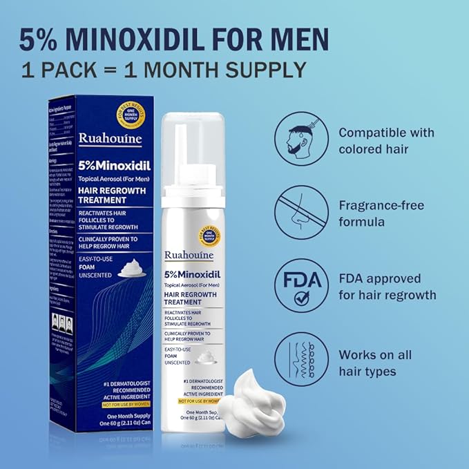 5% Minoxidil Foam for Hair Regrowth, Topical Hair Loss Treatment for Men to Regrow Fuller, Thicker Hair, Rosemary Minoxidil Topical Aerosol, 3-Month Supply, 3 x 2.11 oz