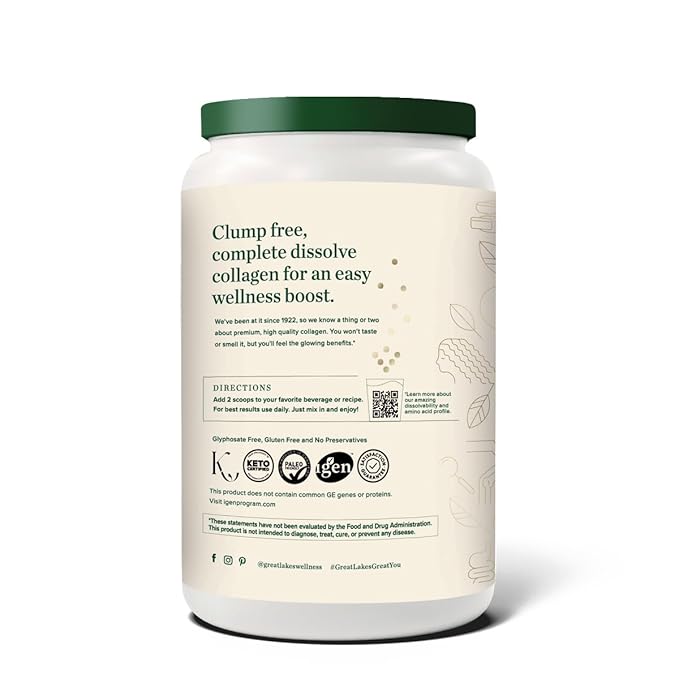 Great Lakes Wellness Bovine Collagen Peptides Powder for Skin, Hair, Nails, Joints & Digestion - Unflavored - Quick Dissolve Hydrolyzed, Non-GMO, Kosher - 32 oz