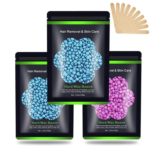 Wax Beads for Hair Removal 10.5oz (300g), Auperwel Hard Wax Beads Beans for Sensitive Skin Brazilian Waxing, Face, Bikini, Eyebrow, Legs, Painless for Women Men, 3 packs Kit with 10 Sticks