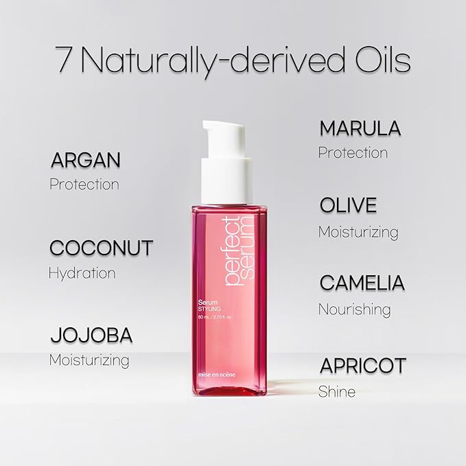 Mise En Scene Perfect Serum Styling - Heat Damage Protection Oil for All Hair Types | Holding Bounce & Heat Protectant | Hair Essence for Long Lasting Curl | Argan Oil | Powdery Scent. 2.70 Fl. Oz.