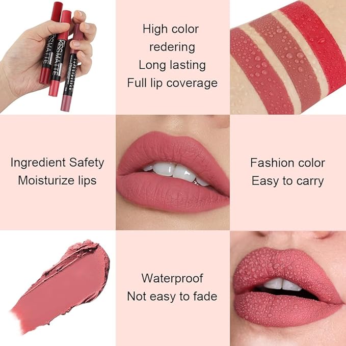evpct 1Pcs Nude Bright Pink Matte Lip Pencil Crayon Liner for Women, Matte Lipstick Lip Stain Long Lasting Waterproof labiales mate magicos 24 horas originales pintalabios permanente 24 horas 15
