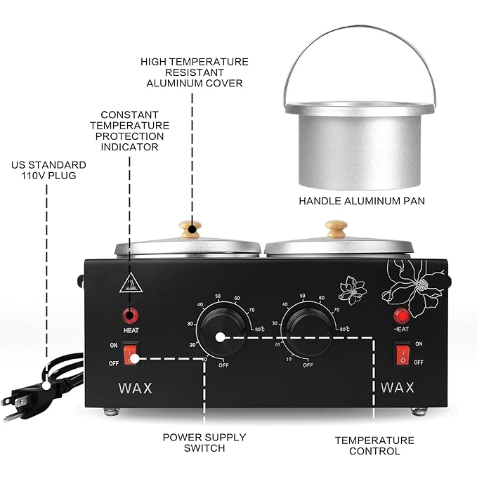 Portable Wax Warmer Machine for Painless Hair Removal, Women Men Professional Wax Heater with Adjustable Temperature Set, 40pcs Sticks, 2 Silicone Bowls (Black - Double Pots)