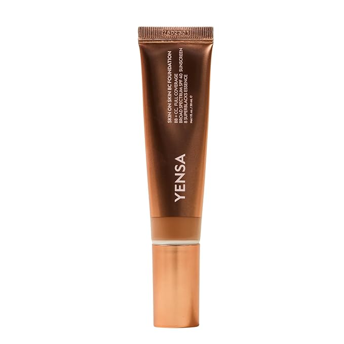 YENSA Skin on Skin BC Foundation Makeup - CC, BB Cream & Full Coverage Foundation-In-One - Buildable, Radiant Finish with SPF 40, Hyaluronic Acid, Peptides & 8 SuperBlacks - Deep Cool (1 oz)