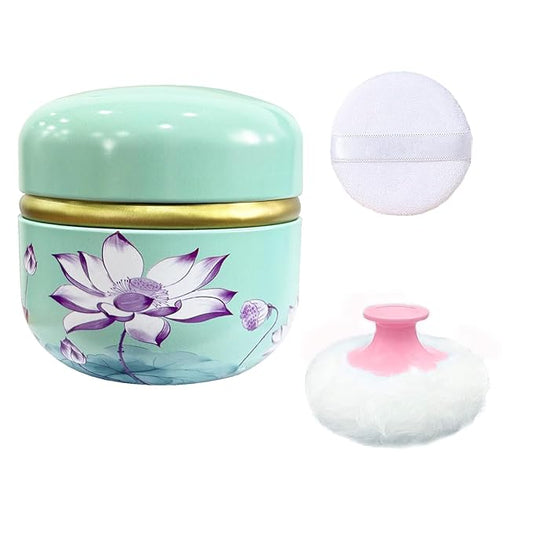 Body Powder Puff and Container for Dusting Powder, Women Powder Puff and Powder Case for Bath and Travel (Lotus Green)