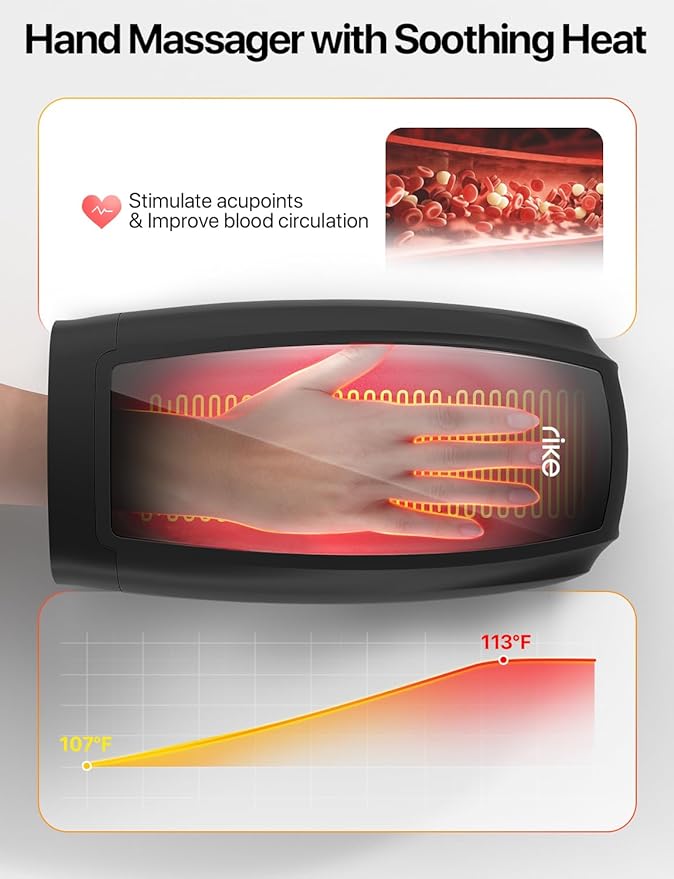 RIKE Hand Massager, 6 Modes 6 Intensities Hand Massager with Heat and Compression Arthritis and Carpal Tunnel, Birthday Gifts for Women Men (Black)