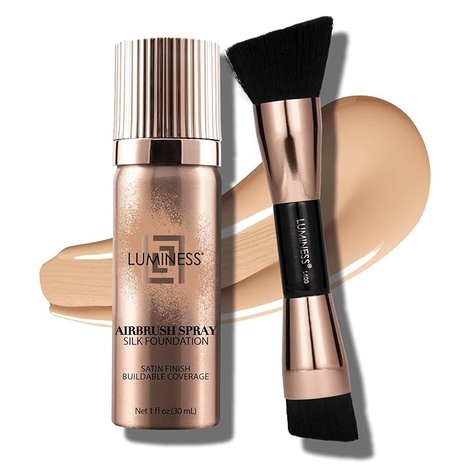 LUMINESS Silk Airbrush Spray Foundation 2-PC Kit - Foundation & Dual-Sided Angled Makeup Brush - Buildable Coverage, Anti-Aging Formula, Humidity Resistant, Hydrates & Moisturizes, Fair