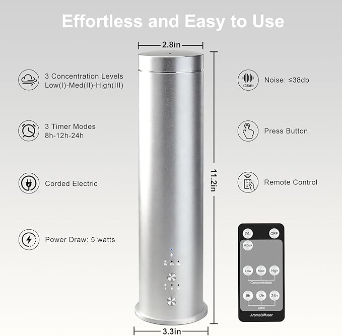Waterless Essential Oil Diffuser Large Room Scent Diffuser for Home, Office, Hotel and Spas - Aromatherapy Diffuser Fragrance Oil Machine, Remote Control, Timer, Silver