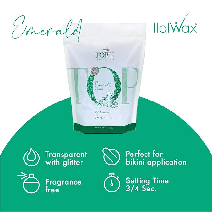 Italwax Top Line Emerald Jelly Wax 1.65lb (750g) – Ultra-Flexible Bright Green Glitter Gel for Large Areas, Applies in Super Thin Layers, Fast-Setting for Efficient Services – Made in Italy