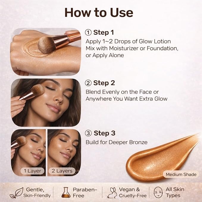 Bronzing Drops, Lightweight Luminous Bronzing Lotion for Face & Body, Buildable Waterproof Sun-Kissed Glow, Natural Glow Enhancer to Mix with Moisturizer or Foundation, #2 Medium