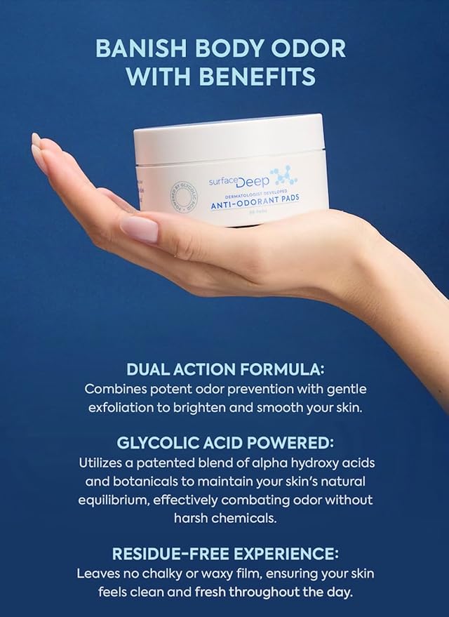 Surface Deep Anti-Odorant Pads – Deodorant Odor Prevention & Skin Care in One | 50 Pads in Jar | Dermatologist-Developed | Glycolic Acid Exfoliation | Aluminum-Free, Vegan & Cruelty-Free
