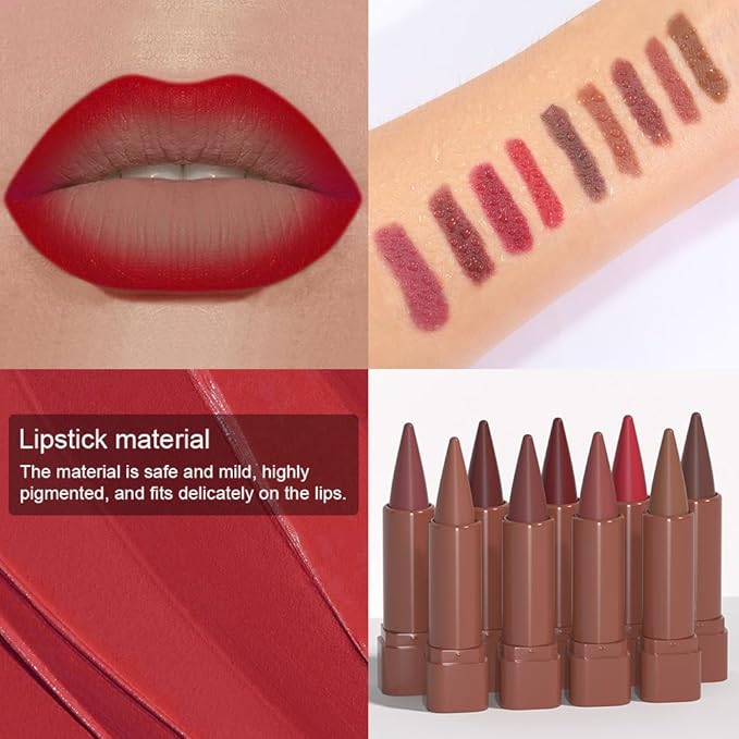 evpct Ruby Red Gradient Matte Lipstick Lip Liner Crayon Combo Pencil Set for Women Long Lasting Waterproof, Sexy Red Matte Cream Lip Liner and Lipstick Combo Makeup Flawless Gradual Ombre Effect, A06