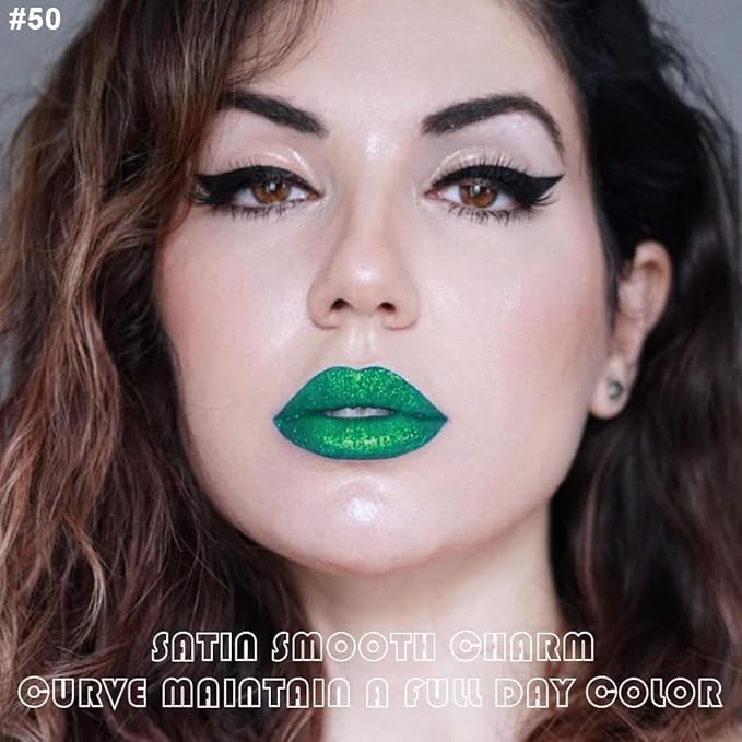 evpct 2Pcs Green Shimmer Glitter Shiny Liquid Lipstick Lip Gloss Stain and Retractable Lip Liner Makeup Set for Women Long Lasting Waterproof 24 Hours Lipstick labial mate larga duracion 24 50#