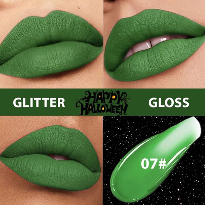 Green Metallic Lipstick for Women,Matte Sparkling Liquid Lipstick,Long Lasting Waterproof Lightweight Comfortable Non-Drying Bold Dark Lip Gloss for Gothic Stage Makeup,Cruelty Free