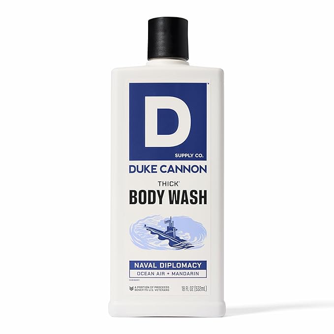Duke Cannon Supply Co. Thick High Viscosity Body Wash - 3X Thicker, Cleansing Shower and Bath Gel, Mineral-Enriched Body Wash - Citrus Musk + Cedarwood - Mens Body Scrub - Naval Diplomacy (18 oz)