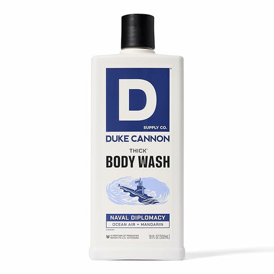 Duke Cannon Supply Co. Thick High Viscosity Body Wash - 3X Thicker, Cleansing Shower and Bath Gel, Mineral-Enriched Body Wash - Citrus Musk + Cedarwood - Mens Body Scrub - Naval Diplomacy (18 oz)