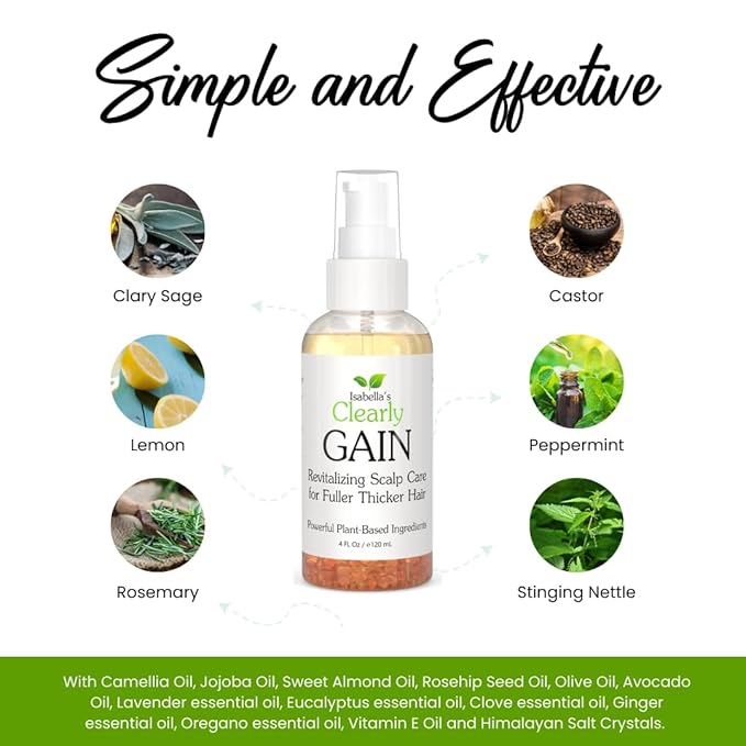 Clearly GAIN, Hair Growth Oil and Thickening Scalp Treatment for Men and Women | Natural Herbal Serum with Castor, Jojoba, Clary Sage, Rosemary, Nettle for Hair Loss, Alopecia, Thinning Hair