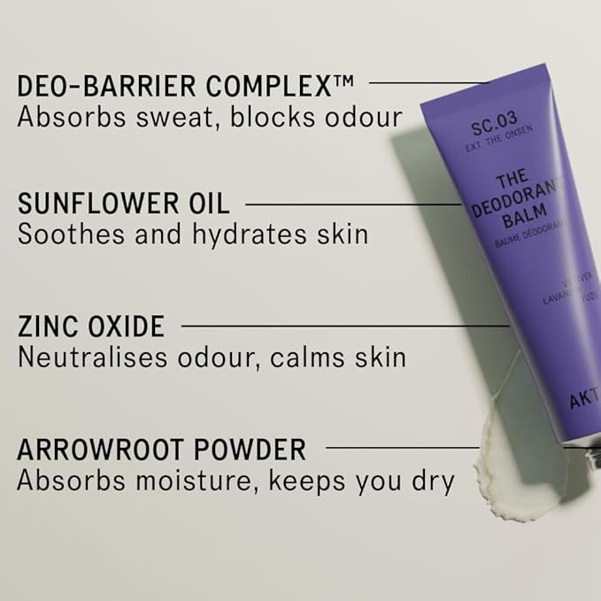 AKT, THE DEODORANT BALM. Award winning, multi-use, natural deodorant. Plastic Free. Gender Free. Aluminium Free. 100% effective — 1 tube lasts up to 3 months.SC.03 THE ONSEN. 50ml/1.76 FL.OZ