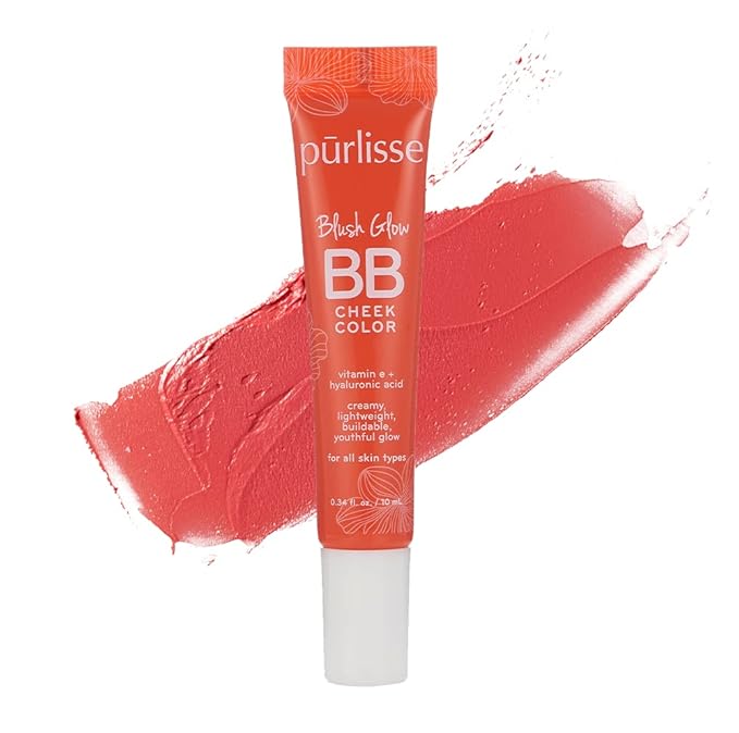 pürlisse Blush Glow BB Cheek Color - Dewy Liquid Blush for Cheeks - Enriched with Vitamin E & Hyaluronic Acid - Creamy, Lightweight & Buildable - Hydrating & Nourishing - Vivid Coral (0.34 Fl oz)