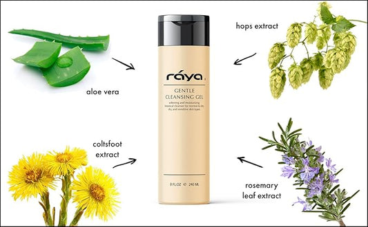 Raya Gentle Facial Cleansing Gel 8 oz (104) | Softening and Moisturizing Botanical Cleanser for Dry and Sensitive Skin| Helps Hydrate Smooth Complexion