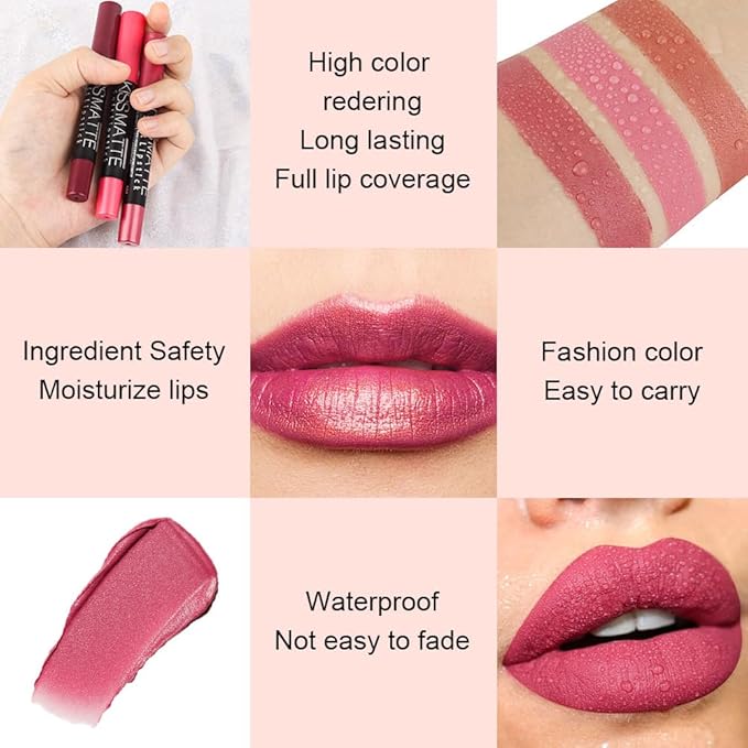 evpct 1Pcs Natural Pink Metallic Lipstick and Lip Crayon Liner Pencil Pen for Women Lip Stain Long Lasting Waterproof labiales mate magicos 24 horas originales pintalabios permanente 24 horas 07