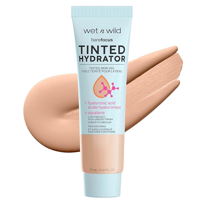 wet n wild Bare Focus Tinted Hydrator Tinted Skin Veil, Lightweight Buildable Coverage with Hyaluronic Acid & Vegan Squalane, Semi-Matte Finish, Cruelty-Free - Light