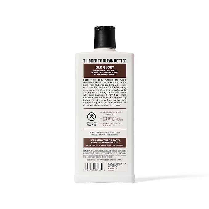 Duke Cannon Supply Co. Thick High Viscosity Body Wash – 3X Thicker, Cleansing Shower and Bath Gel, Mineral-Enriched for Men – Tobacco Leaf + Leather - Men’s Body Scrub – Old Glory Scent
